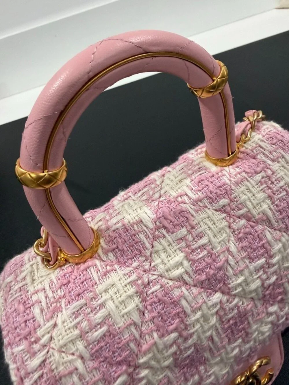 Chanel Tweed Handle Crush Top Handle Flap Bag Pink Ecru (JB1472) - Picture 9 of 16
